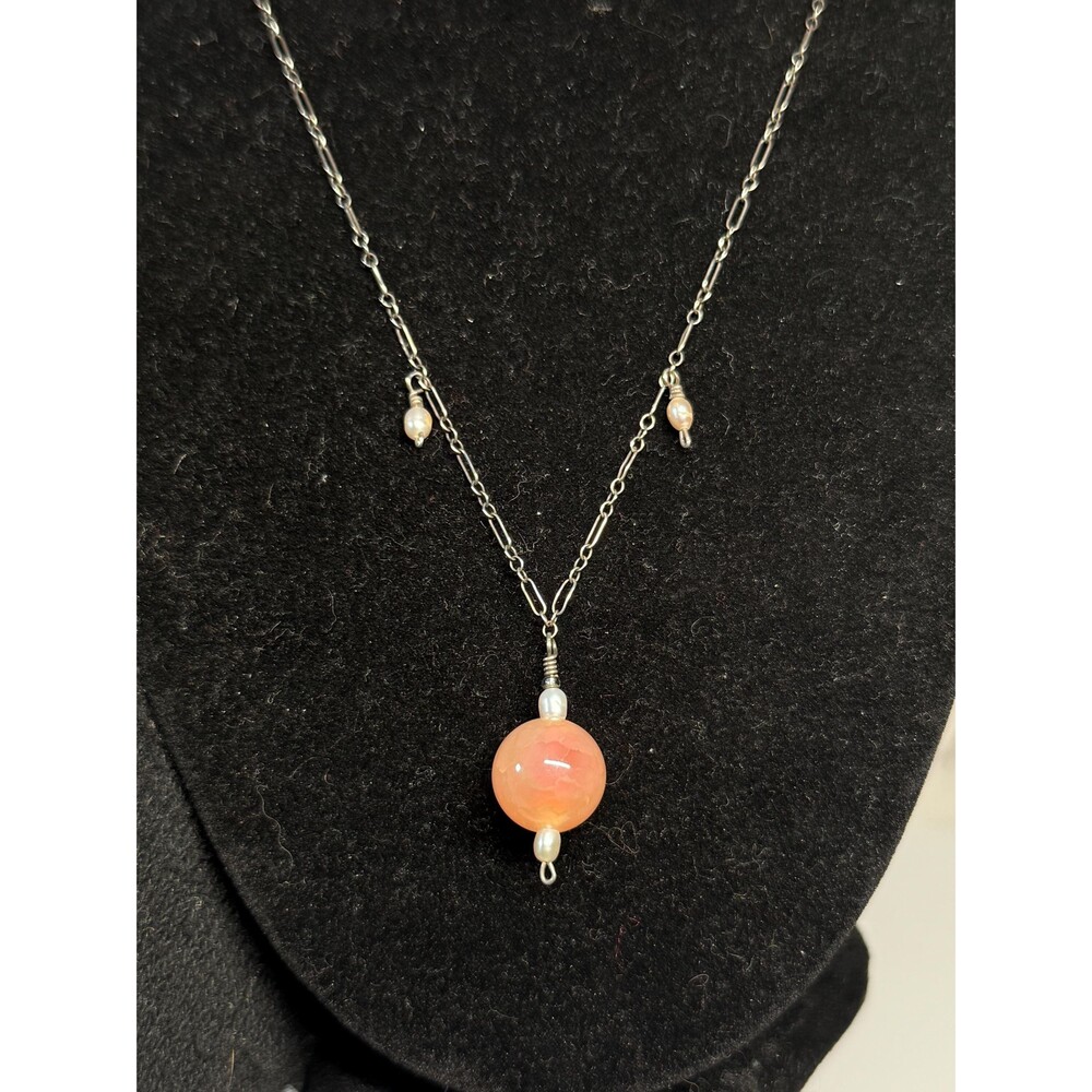 Sterling Silver Rose Quartz Sphere Necklace Pearl Accents 925 Chain 19 Inch